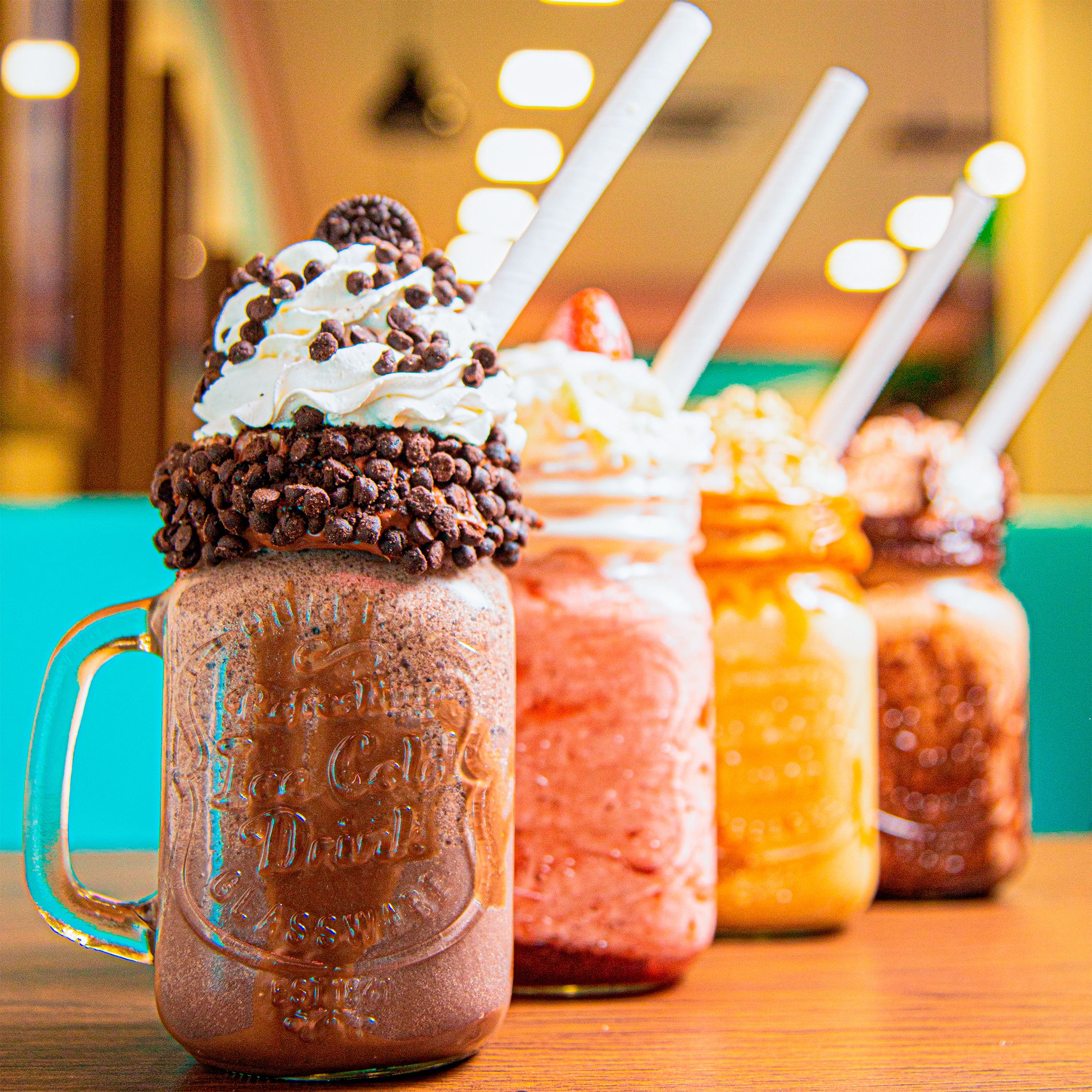 Fileira de milkshakes com chantilly e coberturas
